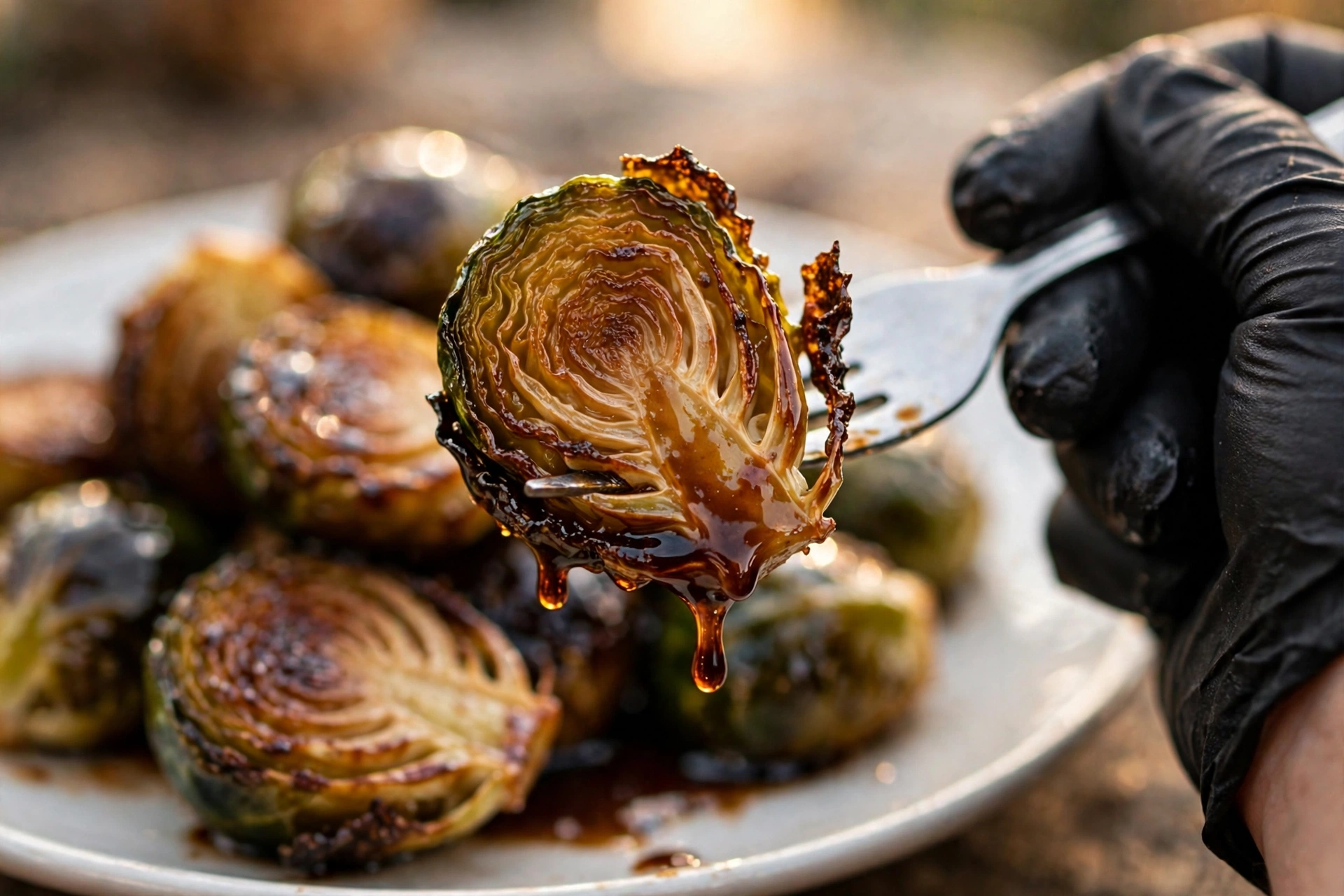 Fork holding a caramelized maple balsamic roasted brussels sprout half dripping with glaze