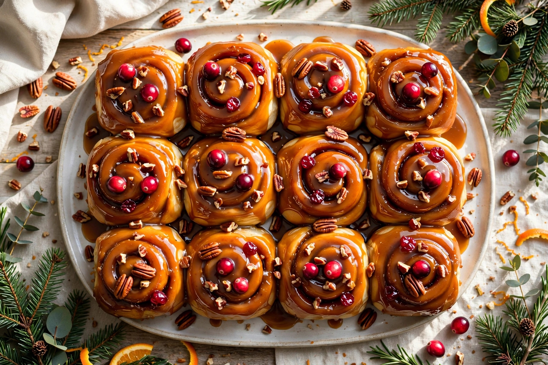 Cranberry orange sticky buns on a platter with glossy caramel, fresh cranberries and pecans over golden spirals