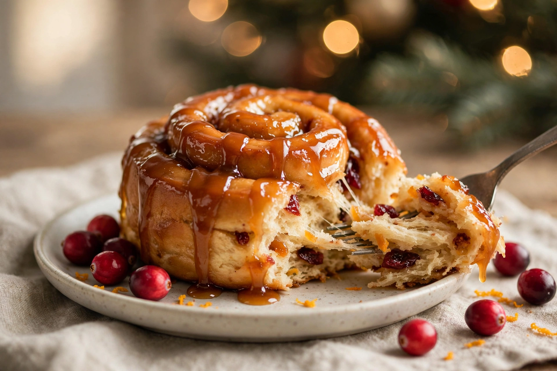 A single cranberry orange sticky bun on a small plate with caramel dripping and a fork pulling a soft layer