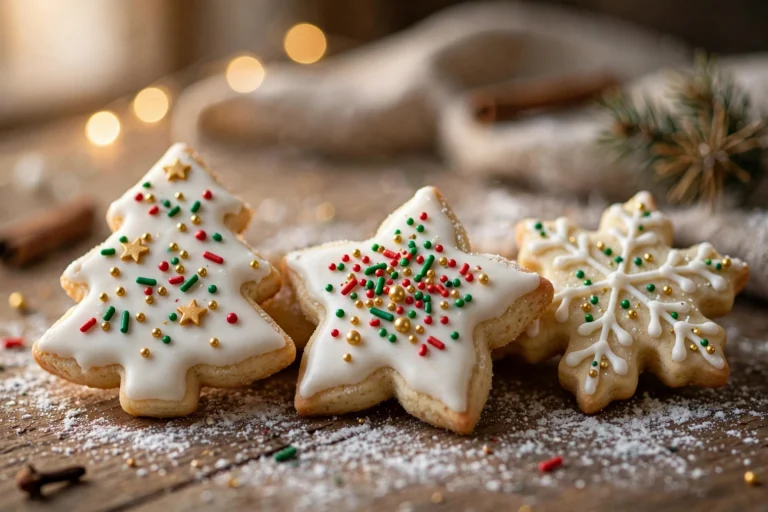 Easy Christmas sugar cookies decorated with white glaze and holiday sprinkles on a wooden table