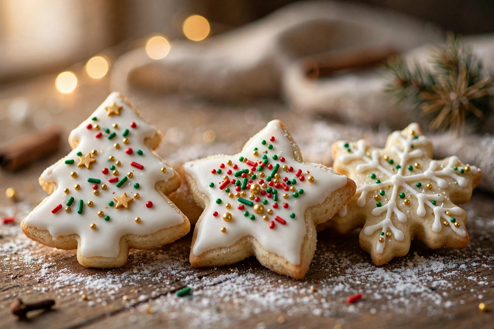 Easy Christmas sugar cookies decorated with white glaze and holiday sprinkles on a wooden table
