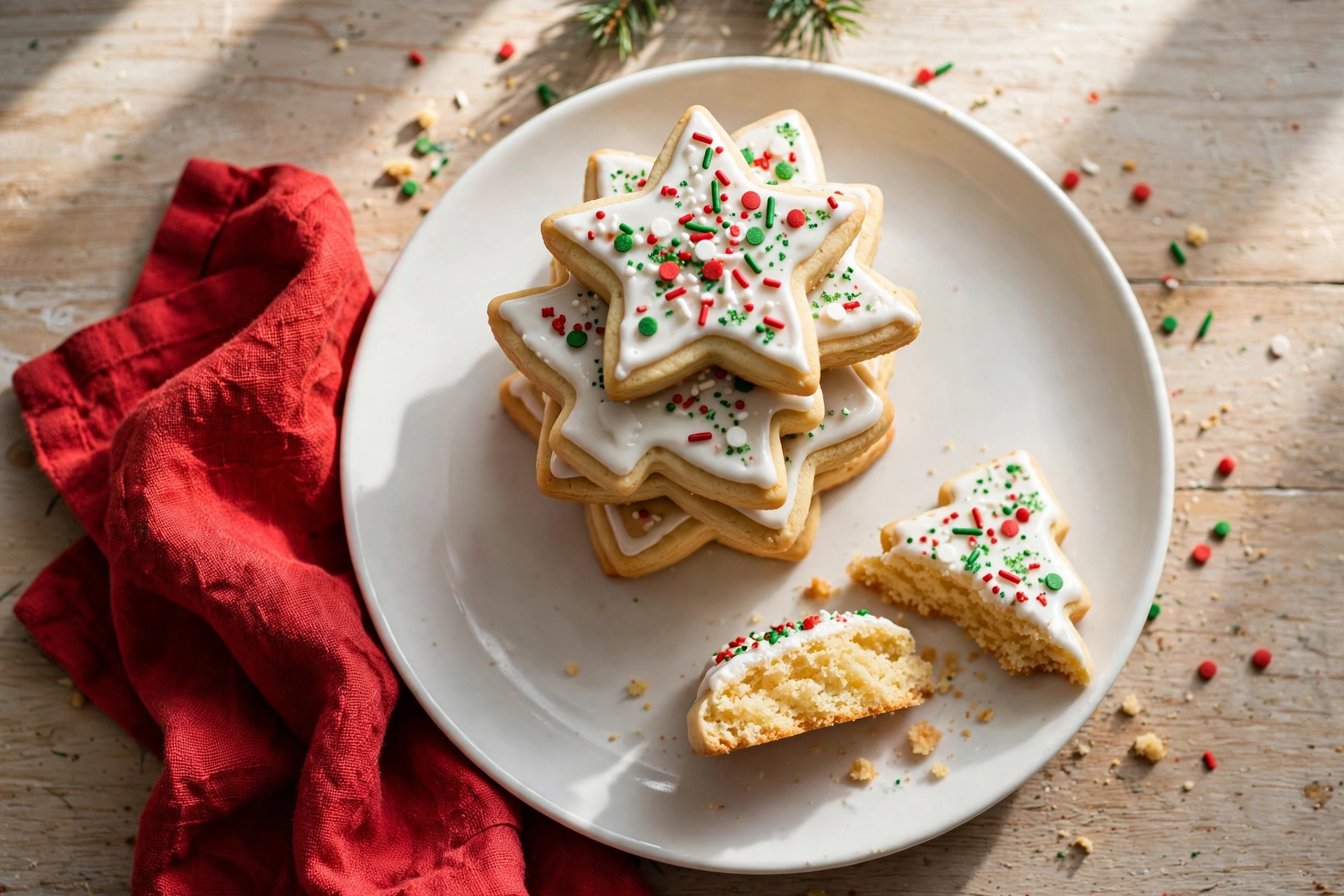 Stack of easy Christmas sugar cookies with icing and sprinkles on a white plate