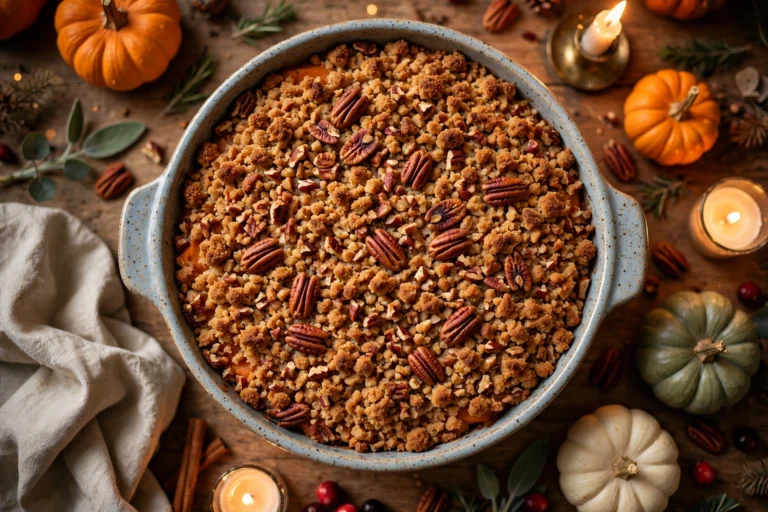 Whole sweet potato casserole with a golden crunchy pecan streusel topping in a ceramic dish on a Thanksgiving table with mini pumpkins and candles