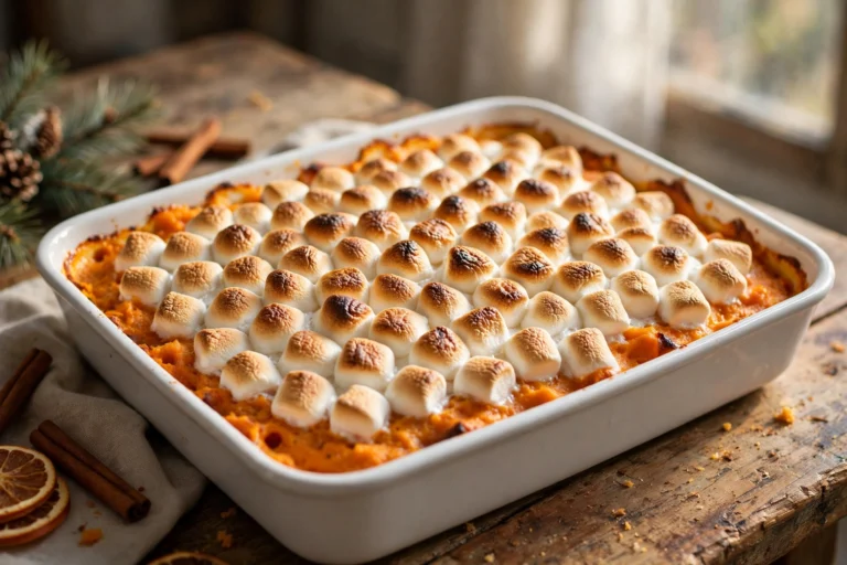 Classic sweet potato casserole baked golden in a white ceramic dish with toasted miniature marshmallows on top