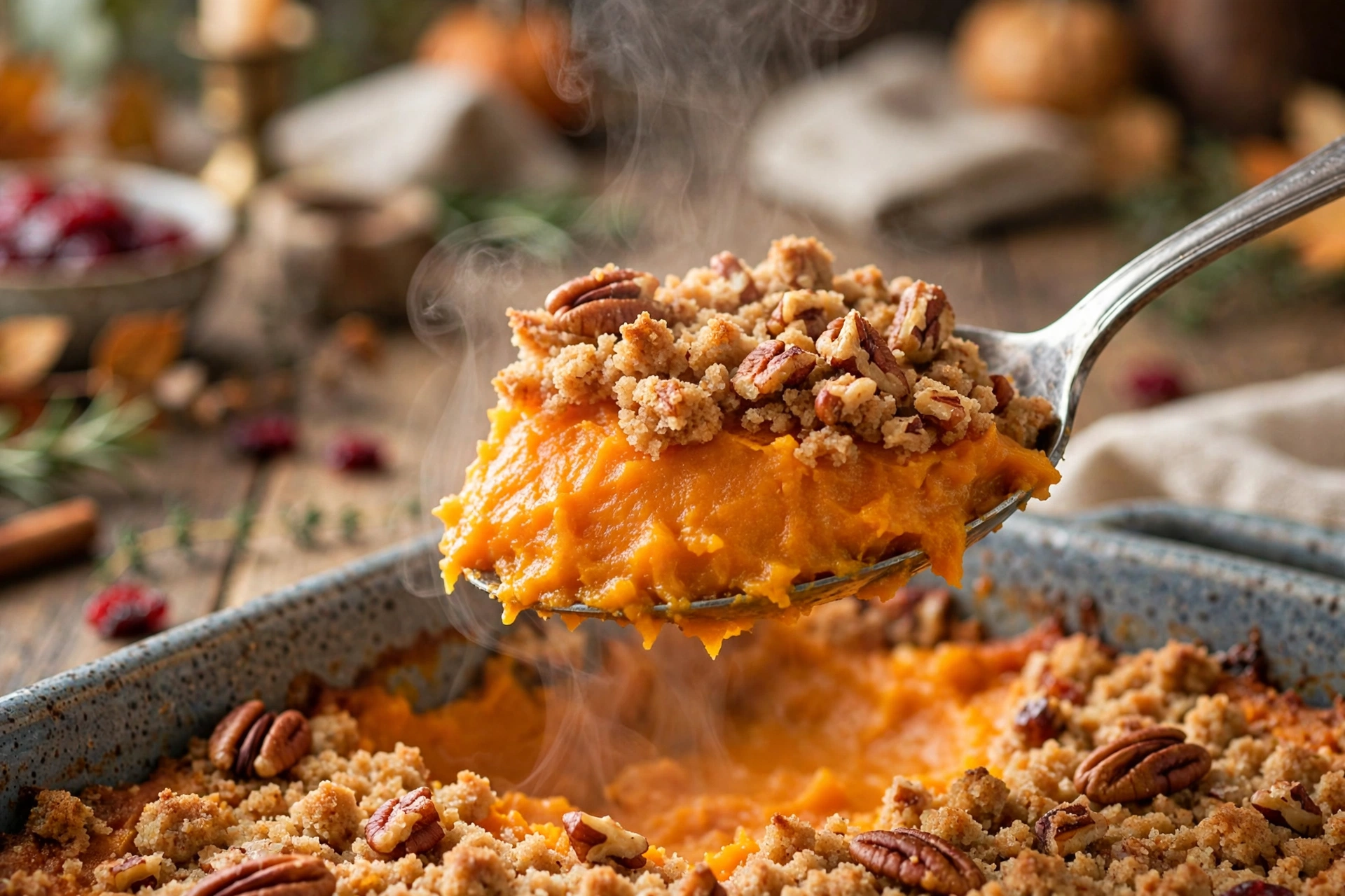 Serving spoon lifting a scoop of sweet potato casserole showing silky orange filling under the crunchy pecan streusel, steam rising