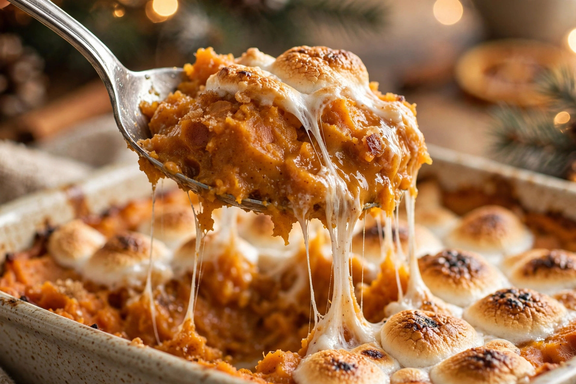 Close-up of a spoon lifting gooey sweet potato casserole with stretchy toasted marshmallows