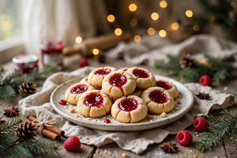 Plate of raspberry thumbprint cookies with glossy red jam centers on a rustic Christmas table with pine sprigs, cinnamon sticks and warm lights