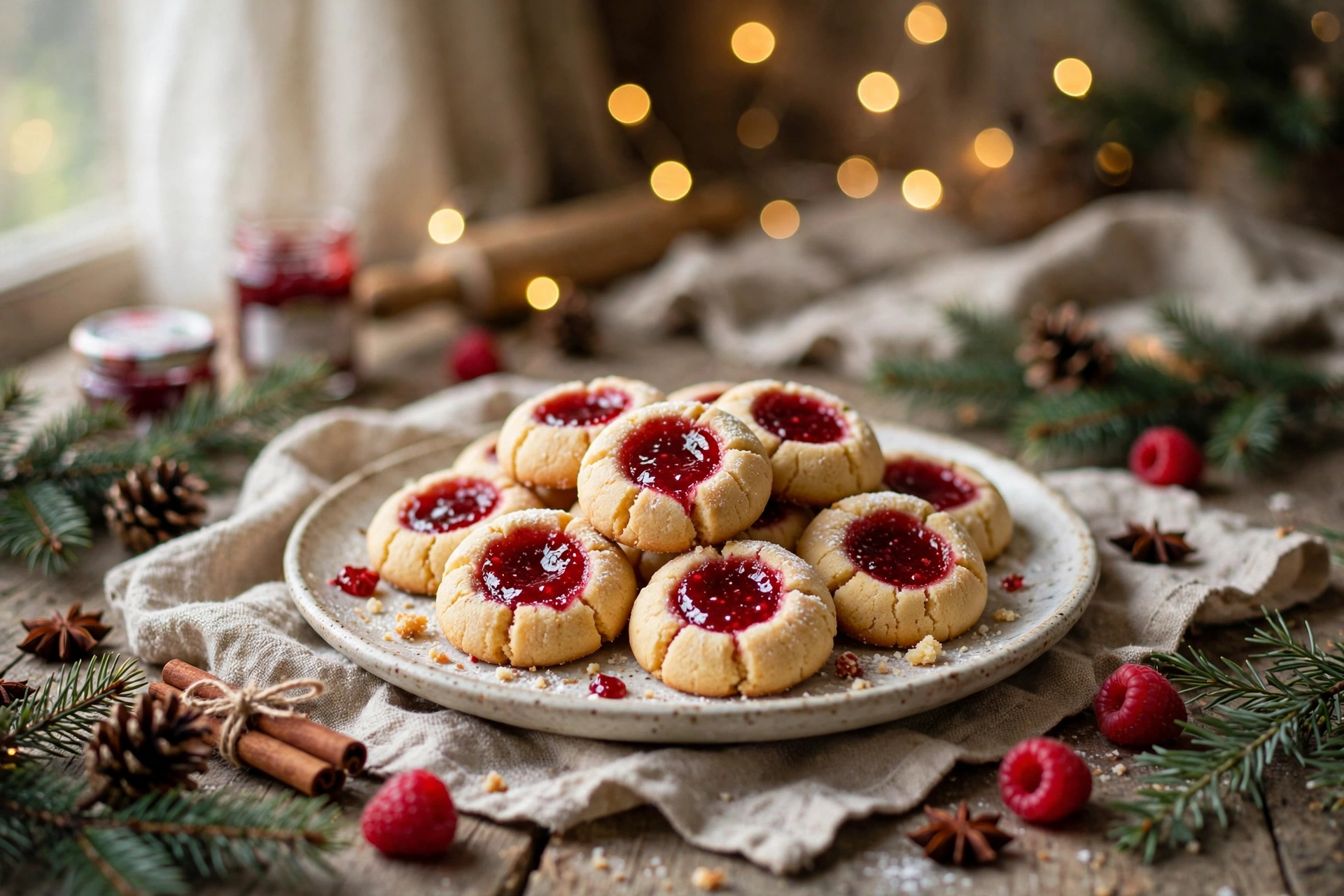 Plate of raspberry thumbprint cookies with glossy red jam centers on a rustic Christmas table with pine sprigs, cinnamon sticks and warm lights