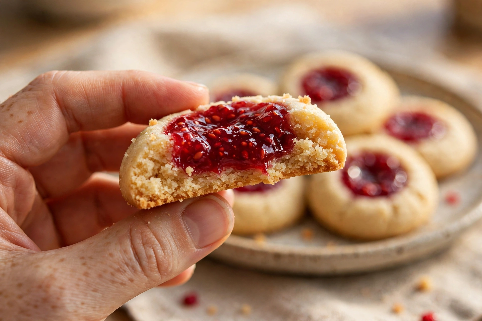 Raspberry thumbprint cookie broken in half showing a tender buttery shortbread crumb and glossy raspberry jam center, more cookies blurred behind