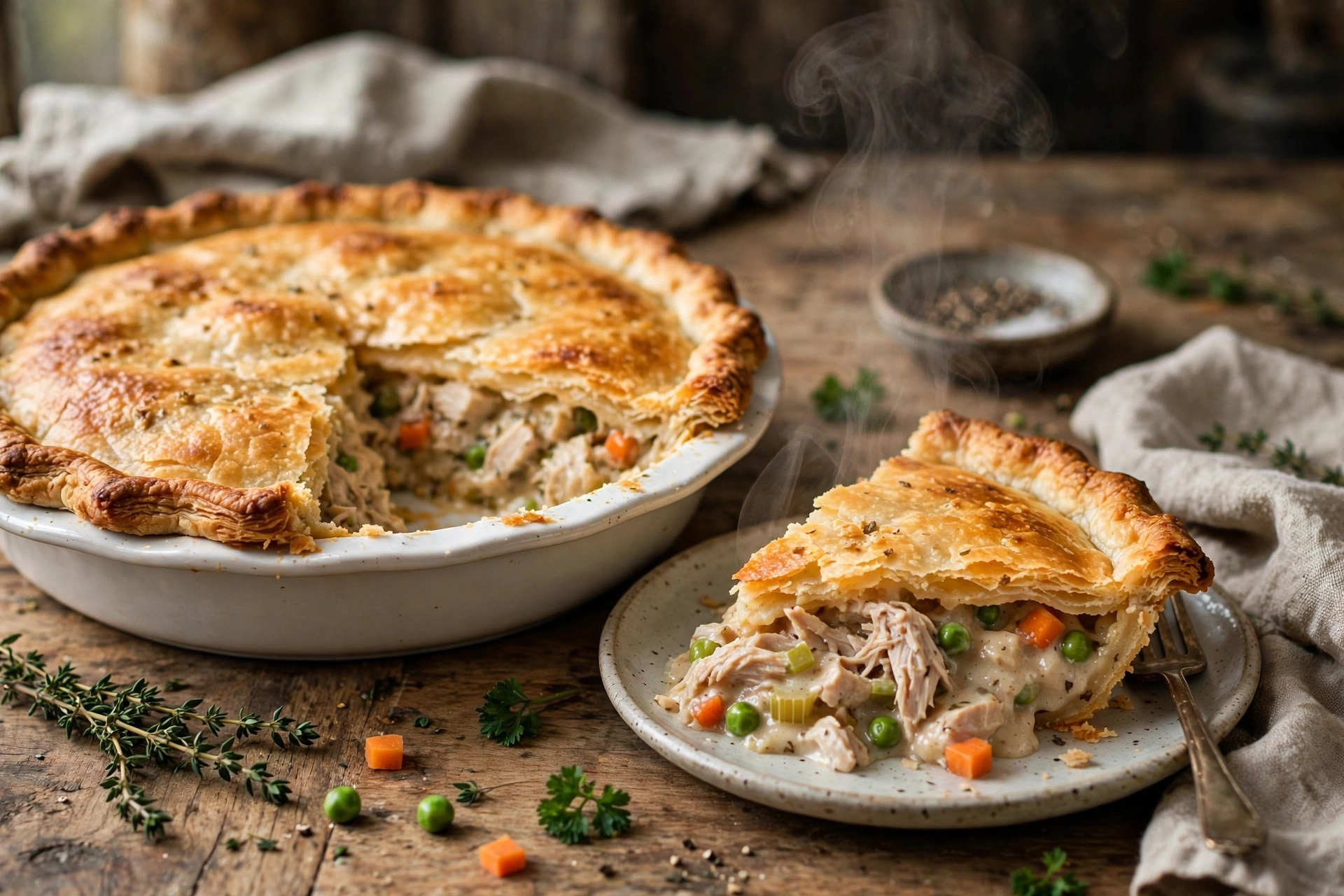 Golden leftover turkey pot pie with flaky crust in a white pie dish, one slice served on a plate