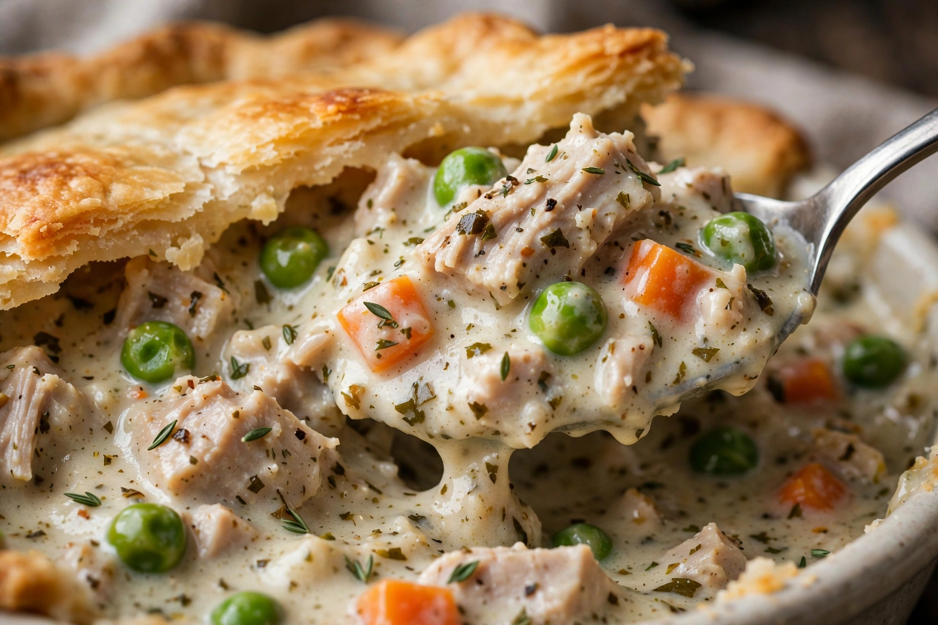 Close-up of creamy turkey pot pie filling with peas, carrots and tender turkey chunks under a golden crust
