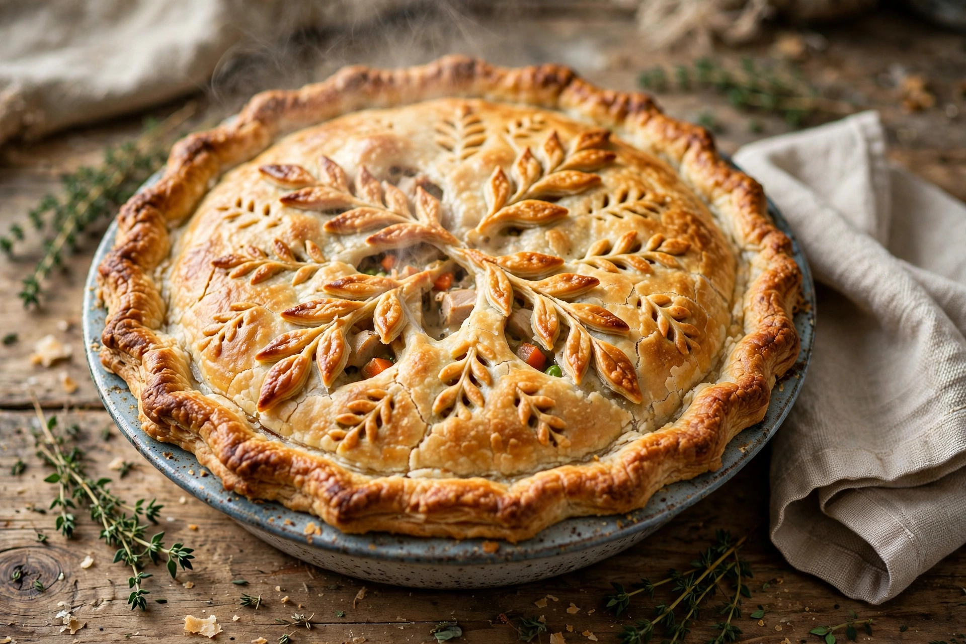 Whole leftover turkey pot pie with lattice-style steam vents on a wooden table with fresh thyme