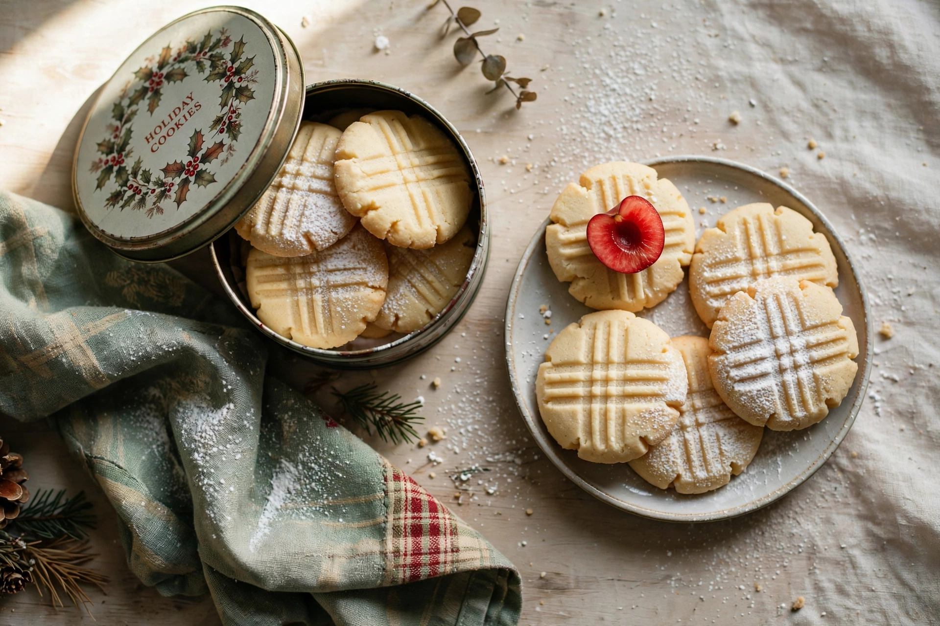 Whipped shortbread cookies with fork marks on a plate beside an open holiday cookie tin, one topped with a cherry half, dusted with powdered sugar