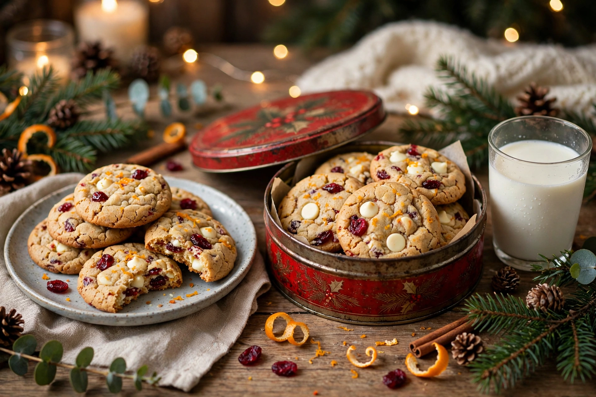 White chocolate cranberry cookies with orange zest in a Christmas tin and on a plate with a glass of milk