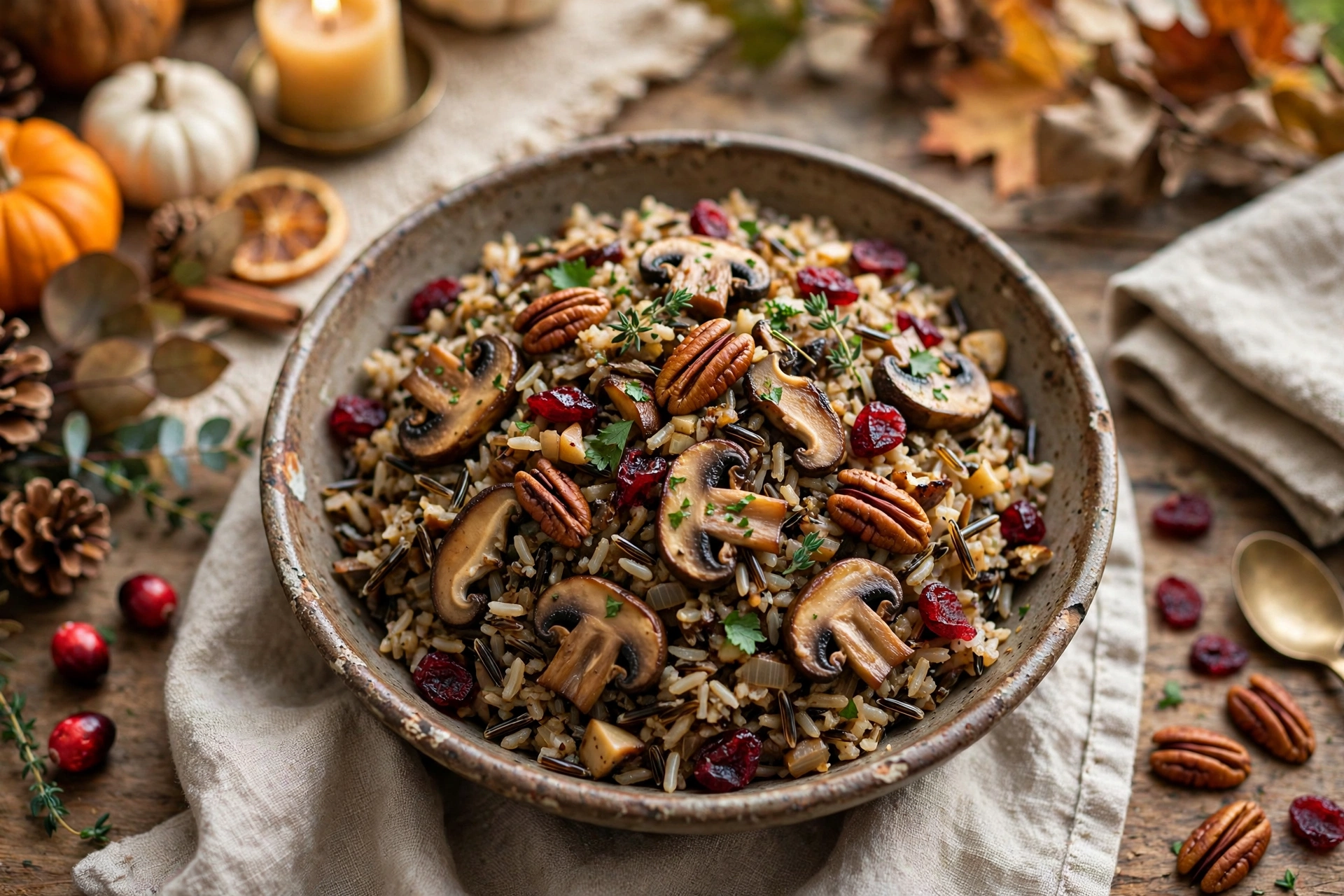 Make-ahead wild rice pilaf served in a wide shallow bowl with mushrooms, pecans and cranberries on a Thanksgiving table