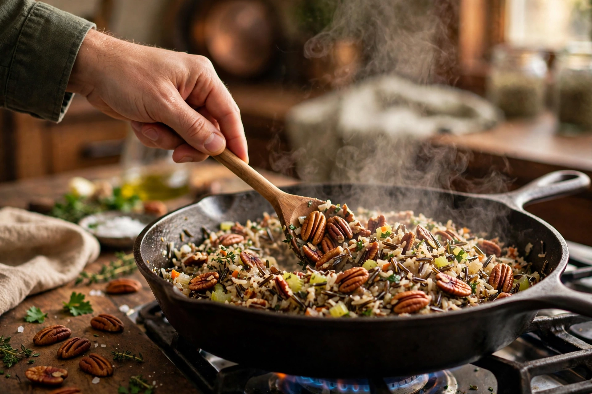 Folding seared mushrooms into warmed make-ahead wild rice pilaf in a pot as a make ahead reheating step