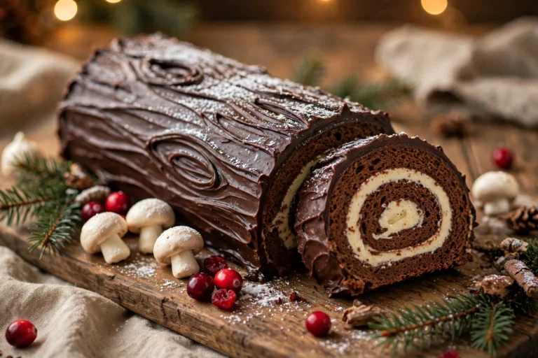 Chocolate yule log cake with ganache bark coating and a cut slice showing the spiral of chocolate sponge and mascarpone cream, meringue mushrooms and cranberries on a wooden board