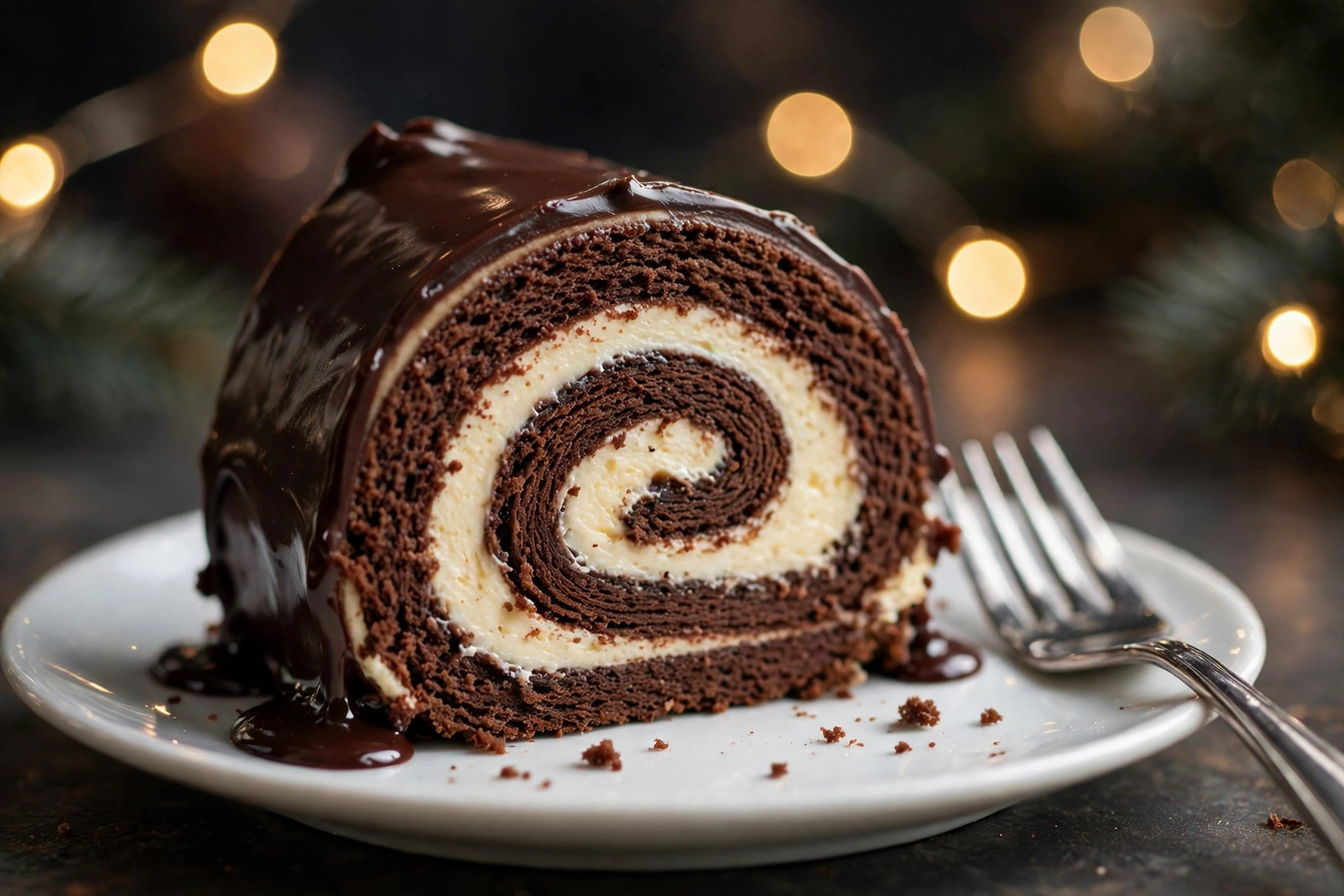 Close-up slice of yule log cake on a white plate showing the tight chocolate sponge spiral around pale mascarpone cream with glossy ganache outside